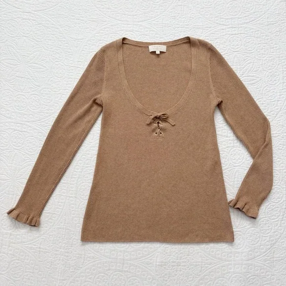 Sezane Soizic Tie Front Merino Wool Blend Jumper, Camel - Picture 3 of 8
